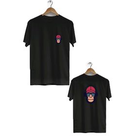 Hero Tasarım BLL825 Siyah Şapkalı Maymun Ön Arka Baskılı Bisiklet Yaka Kısa Kollu Erkek T-shirt
