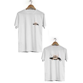 Hero Tasarım BLL834 Beyaz Şaşırmış Kedi Ön Arka Baskılı Bisiklet Yaka Kısa Kollu Erkek T-shirt