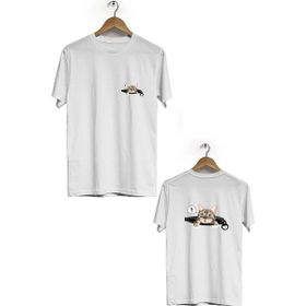 Hero Tasarım BLL834 Beyaz Şaşırmış Kedi Ön Arka Baskılı Bisiklet Yaka Kısa Kollu Erkek T-shirt