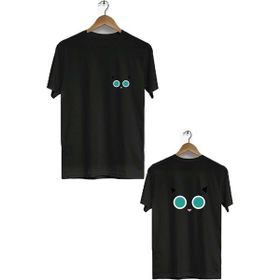 Hero Tasarım BLL842 Siyah Gözlüklü Kedi Ön Arka Baskılı Bisiklet Yaka Kısa Kollu Erkek T-shirt