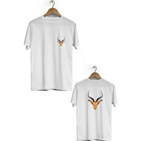 Hero Tasarım BLL854 Beyaz Geyik Ön Arka Baskılı Bisiklet Yaka Erkek T-shirt
