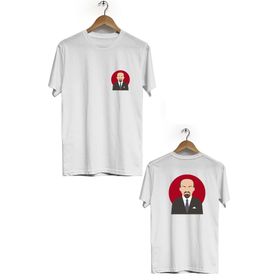 Hero Tasarım BLL937 Beyaz Lenin Ön Arka Baskılı Bisiklet Yaka Kısa Kollu Erkek T-shirt