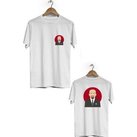 Hero Tasarım BLL937 Beyaz Lenin Ön Arka Baskılı Bisiklet Yaka Kısa Kollu Erkek T-shirt