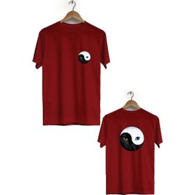 Herotasarım BLL343 Bordo Kedi Ön Arka Baskılı Bisiklet Yaka Erkek T-shirt