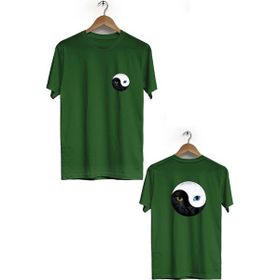 Herotasarım BLL343 Haki Kedi Ön Arka Baskılı Bisiklet Yaka Erkek T-shirt