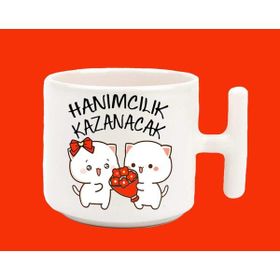 Hesaplısı Burada Hanımcılık Kazanacak Espirili T Kulplu Baskılı Kupa Bardak - Beyaz