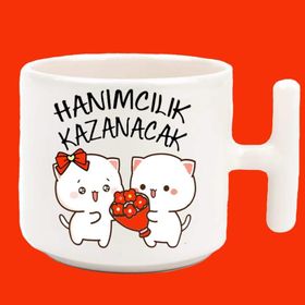 Hesaplısı Burada Hanımcılık Kazanacak Espirili T Kulplu Baskılı Kupa Bardak - Beyaz