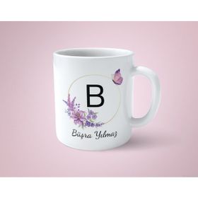 Hesaplısı Burada Kişiye Özel B Baş Harfli İsimli Mor Çerçeveli Beyaz Kupa Bardak-1