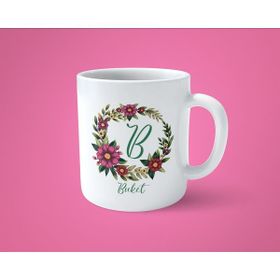 Hesaplısı Burada Kişiye Özel B Harfli Çiçekli Çerçeveli İsim Baskılı Beyaz Kupa Bardak
