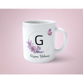 Hesaplısı Burada Kişiye Özel G Baş Harfli İsimli Mor Çerçeveli Beyaz Kupa Bardak-1