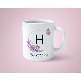 Hesaplısı Burada Kişiye Özel H Baş Harfli Isimli Mor Çerçeveli Beyaz Kupa Bardak