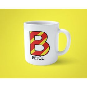 Hesaplısı Burada Sarı Kırmızı B Baş Harfli İsimli Baskılı Beyaz Kupa Bardak