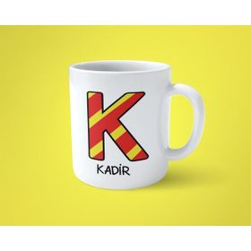 Hesaplısı Burada Sarı Kırmızı K Baş Harfli İsimli Baskılı Beyaz Kupa Bardak