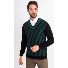 Heyss V Yaka Kare Desenli Siyah-Yeşil Erkek Triko Kazak