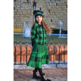 Hilal Akıncı Kids 0700 Kız Çocuk Kareli Düğmeli Hırka Triko Etek Bere 3'lü Takım