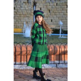 Hilal Akıncı Kids 0700 Kız Çocuk Kareli Düğmeli Hırka Triko Etek Bere 3'lü Takım