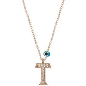 HİLALSHOP 925 Ayar Gümüş Nazar Rose T Harfi Kadın Gümüş Kolye