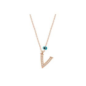 HİLALSHOP 925 Ayar Gümüş Nazar Rose V Harfi Kadın Gümüş Kolye