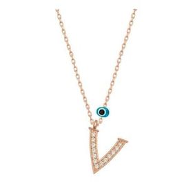 HİLALSHOP 925 Ayar Gümüş Nazar Rose V Harfi Kadın Gümüş Kolye