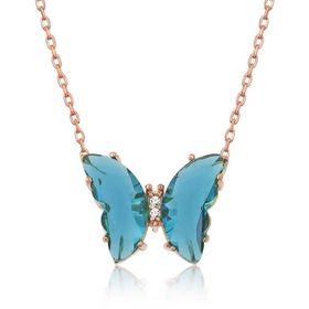 HİLALSHOP 925 Ayar Rose Turkuaz Cam Kelebek Gümüş Kolye