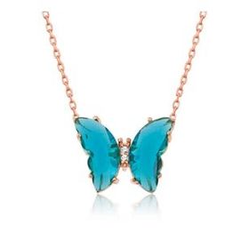 HİLALSHOP 925 Ayar Rose Turkuaz Cam Kelebek Gümüş Kolye