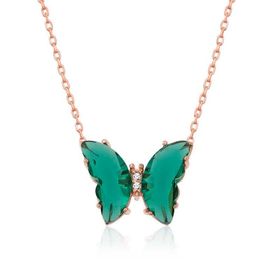HİLALSHOP 925 Ayar Rose Yeşil Cam Kelebek Gümüş Kolye