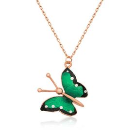 HİLALSHOP 925 Ayar Rose Yeşil Cam Kelebek Gümüş Kolye