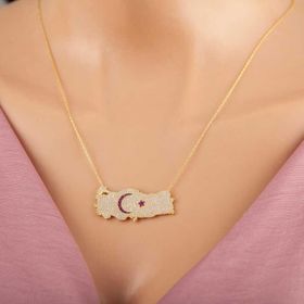 Himarry 925 Ayar Gümüş Gold Ay Yıldız Türkiye Haritası Kadın Kolye