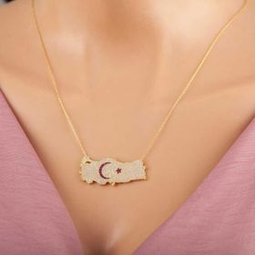 Himarry 925 Ayar Gümüş Gold Ay Yıldız Türkiye Haritası Kadın Kolye