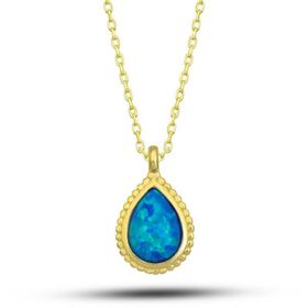 Himarry 925 Ayar Gümüş Gold Damla Mavi Opal Tasli Kadın Kolye