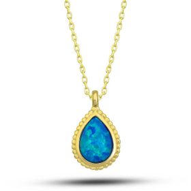 Himarry 925 Ayar Gümüş Gold Damla Mavi Opal Tasli Kadın Kolye