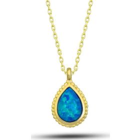 Himarry 925 Ayar Gümüş Gold Damla Mavi Opal Tasli Kadın Kolye