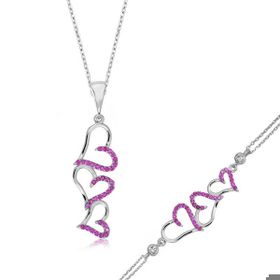 Himarry 925 Ayar Gümüş Pembe Üç Kalpli Set
