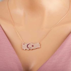 Himarry 925 Ayar Gümüş Rose Ay Yıldız Türkiye Haritası Kadın Kolye