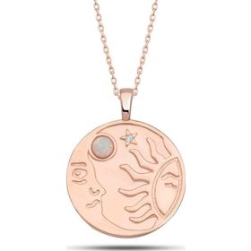Himarry 925 Ayar Gümüş Rose Opal Beyaz Taşlı Ay Güneş Kadın Kolye