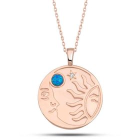 Himarry 925 Ayar Gümüş Rose Opal Mavi Taşlı Ay Güneş Kadın Kolye