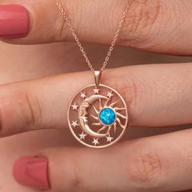 Himarry 925 Ayar Gümüş Rose Opal Mavi Taşlı Ay Güneş Kadın Kolye
