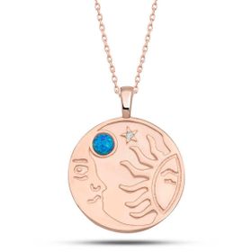 Himarry 925 Ayar Gümüş Rose Opal Mavi Taşlı Ay Güneş Kadın Kolye