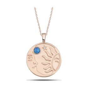 Himarry 925 Ayar Gümüş Rose Opal Mavi Taşlı Ay Güneş Kadın Kolye