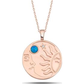 Himarry 925 Ayar Gümüş Rose Opal Mavi Taşlı Ay Güneş Kadın Kolye