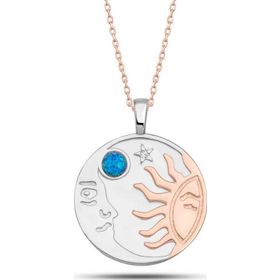 Himarry 925 Ayar Gümüş Rose Opal Mavi Taşlı Ay Güneş Kadın Kolye