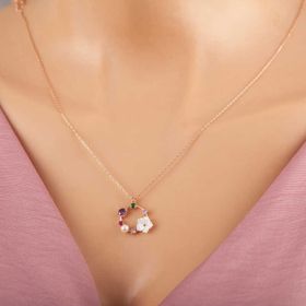 Himarry 925 Ayar Gümüş Rose Renkli Taşlı Manolya Çiçeği Kadın Kolye