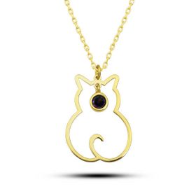 Himarry 925 Ayar Gümüş Şubat Ayı Doğum Taşı Kedi Kadın Kolye