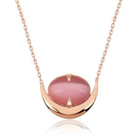 Himarry 925 Ayar Pembe Kedi Gözü Taşlı Hilal Gümüş Kolye