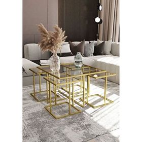 Hitit Dekorasyon Janet Ahşap 2 Gold Metal Dörtlü Orta Sehpa