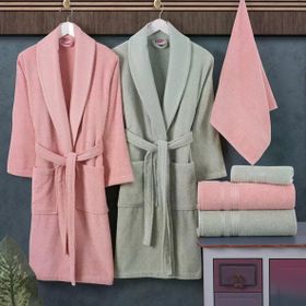 Hobby Casual Pembe Su Yeşili %100 Saf Pamuk Aile Bornoz Seti