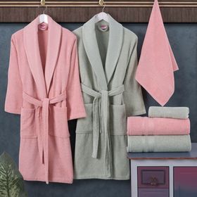 Hobby Casual Pembe Su Yeşili %100 Saf Pamuk Aile Bornoz Seti