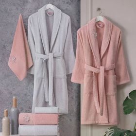 Hobby Line Pembe Gri %100 Saf Pamuk Aile Bornoz Seti