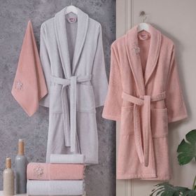 Hobby Line Pembe Gri %100 Saf Pamuk Aile Bornoz Seti