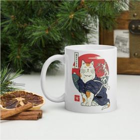 Hobi Shop Katana Samurai Cat Tasarım Baskılı Beyaz Kupa Bardak